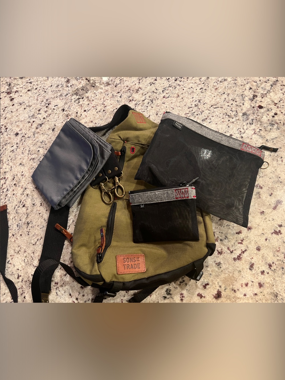 Sons of Trade Olive Canvas Diaper Bag Crossbody Sling with Brown Leather Trim